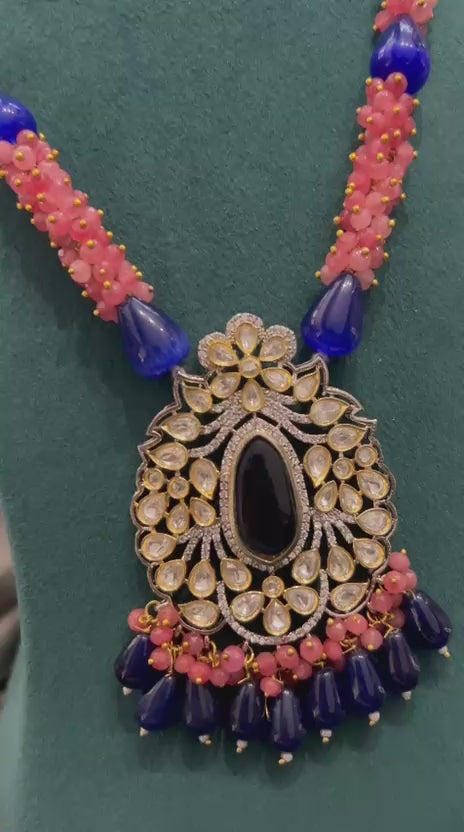 Royal Blue & Pink Beaded Kundan Pendant Set – Floral Design